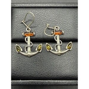 Vintage Sterling Silver Genuine Amber Anchor Earrings 4 Grams J30